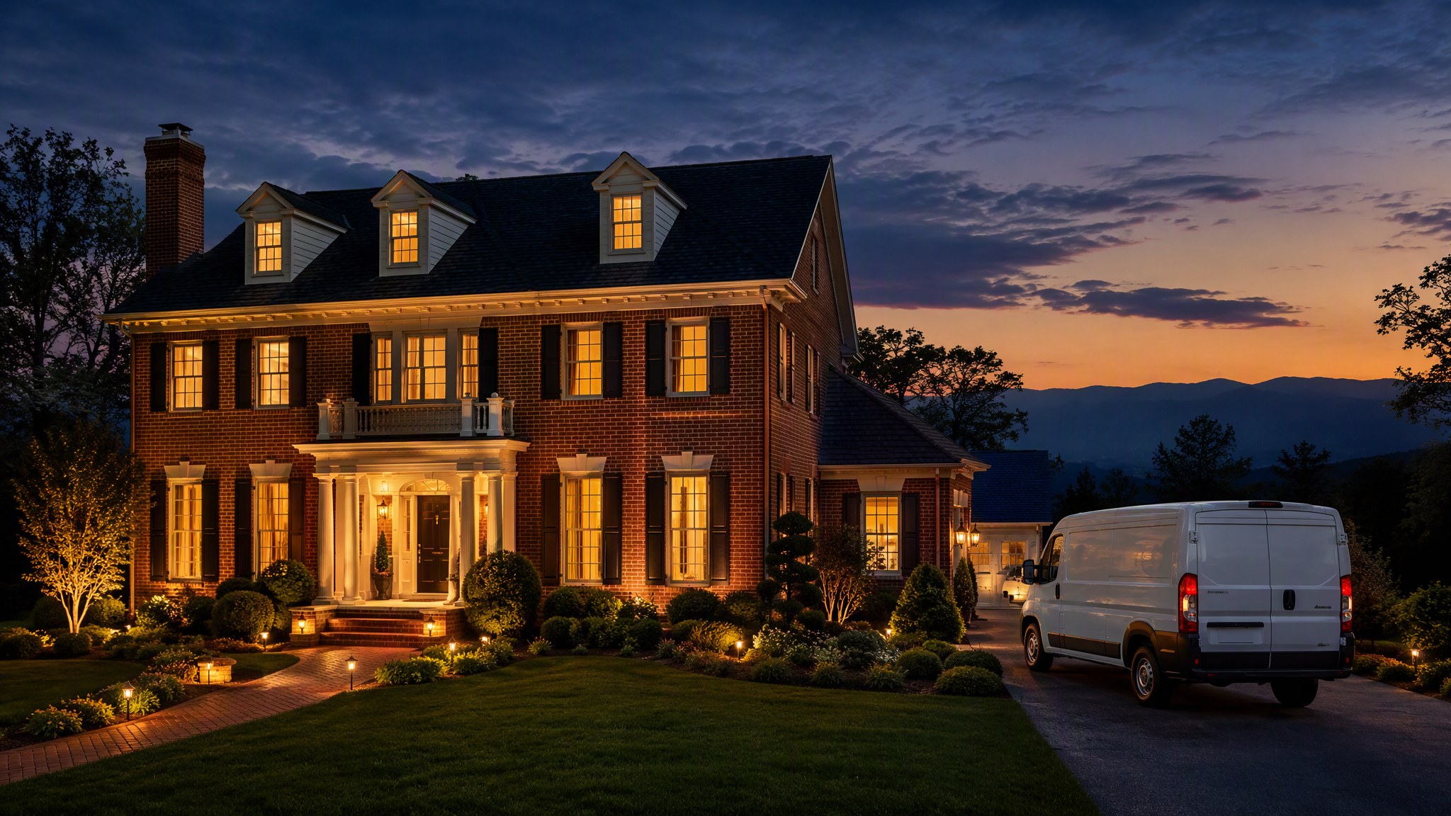 Brick colonial home in Charlottesville at dusk with a white plumbing service van in the driveway